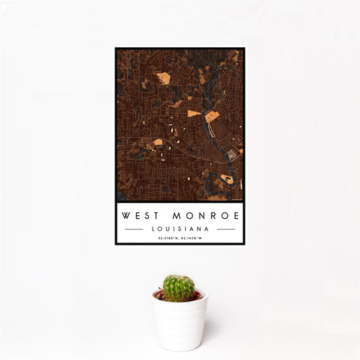 12x18 West Monroe Louisiana Map Print Portrait Orientation in Ember Style With Small Cactus Plant in White Planter