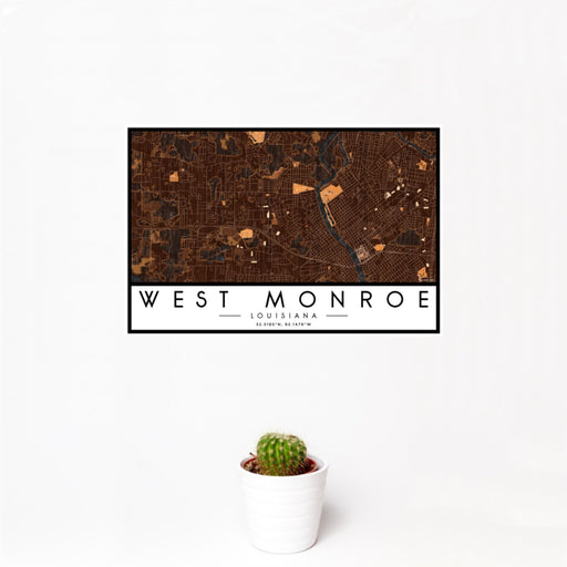 12x18 West Monroe Louisiana Map Print Landscape Orientation in Ember Style With Small Cactus Plant in White Planter