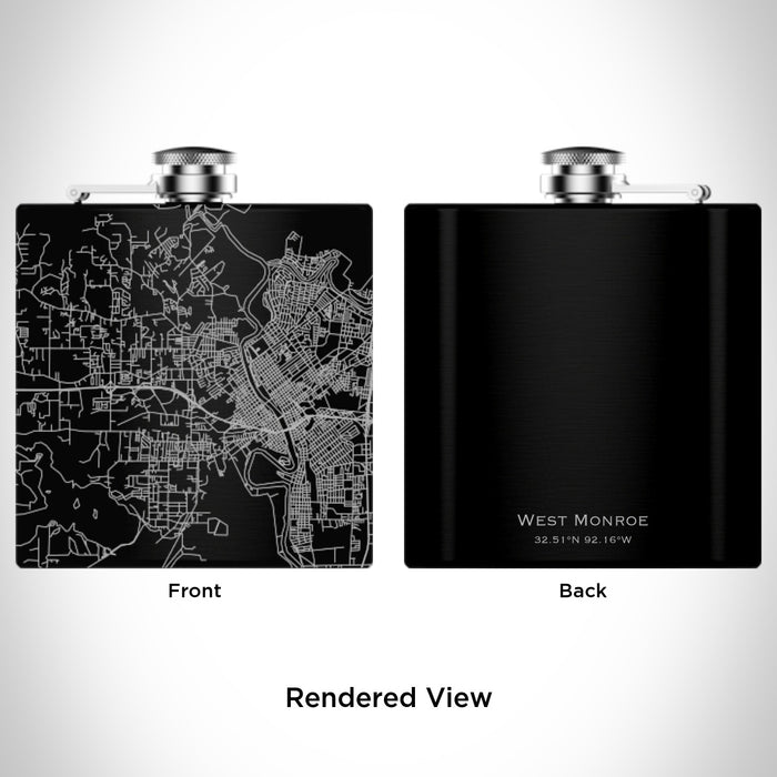 Rendered View of West Monroe Louisiana Map Engraving on 6oz Stainless Steel Flask in Black