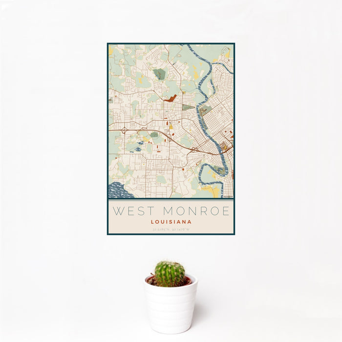12x18 West Monroe Louisiana Map Print Portrait Orientation in Woodblock Style With Small Cactus Plant in White Planter