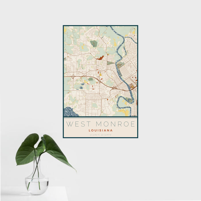 16x24 West Monroe Louisiana Map Print Portrait Orientation in Woodblock Style With Tropical Plant Leaves in Water