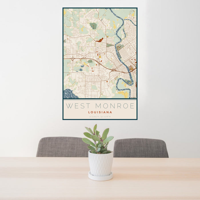 24x36 West Monroe Louisiana Map Print Portrait Orientation in Woodblock Style Behind 2 Chairs Table and Potted Plant