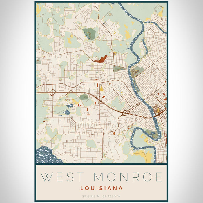 West Monroe Louisiana Map Print Portrait Orientation in Woodblock Style With Shaded Background