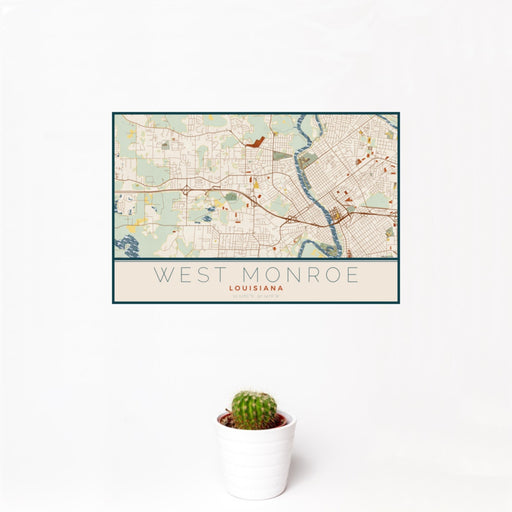 12x18 West Monroe Louisiana Map Print Landscape Orientation in Woodblock Style With Small Cactus Plant in White Planter