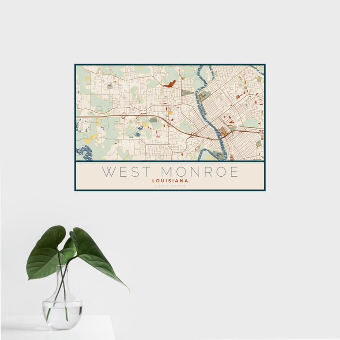 16x24 West Monroe Louisiana Map Print Landscape Orientation in Woodblock Style With Tropical Plant Leaves in Water