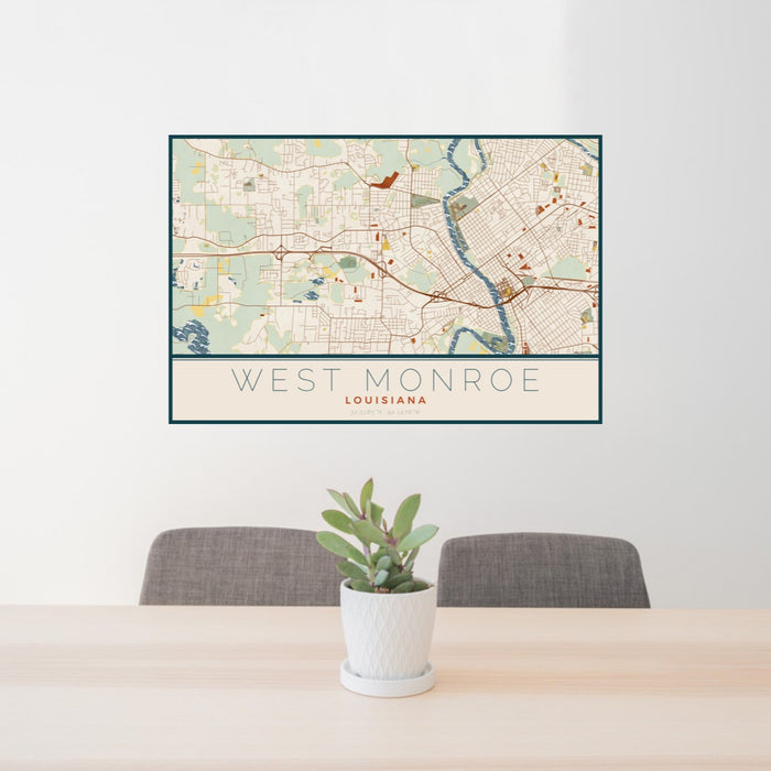 24x36 West Monroe Louisiana Map Print Landscape Orientation in Woodblock Style Behind 2 Chairs Table and Potted Plant