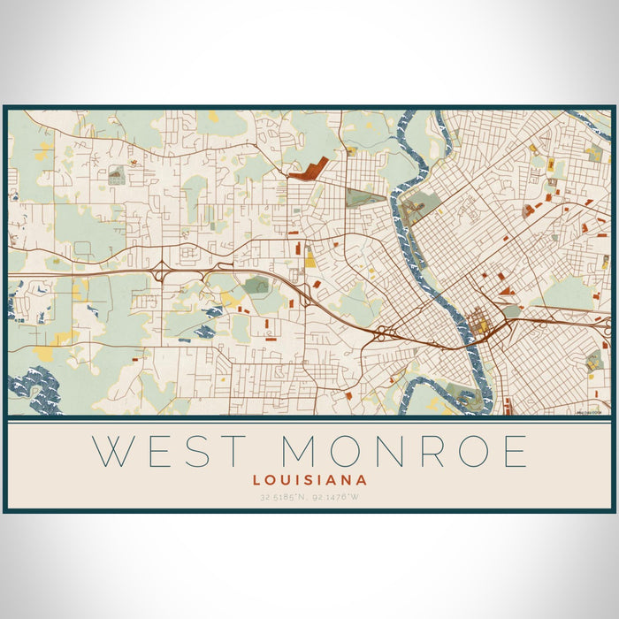 West Monroe Louisiana Map Print Landscape Orientation in Woodblock Style With Shaded Background