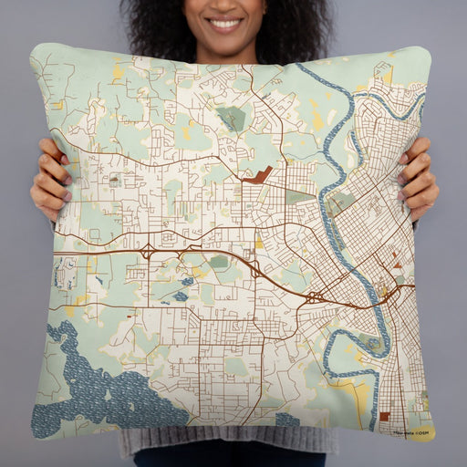 Person holding 22x22 Custom West Monroe Louisiana Map Throw Pillow in Woodblock