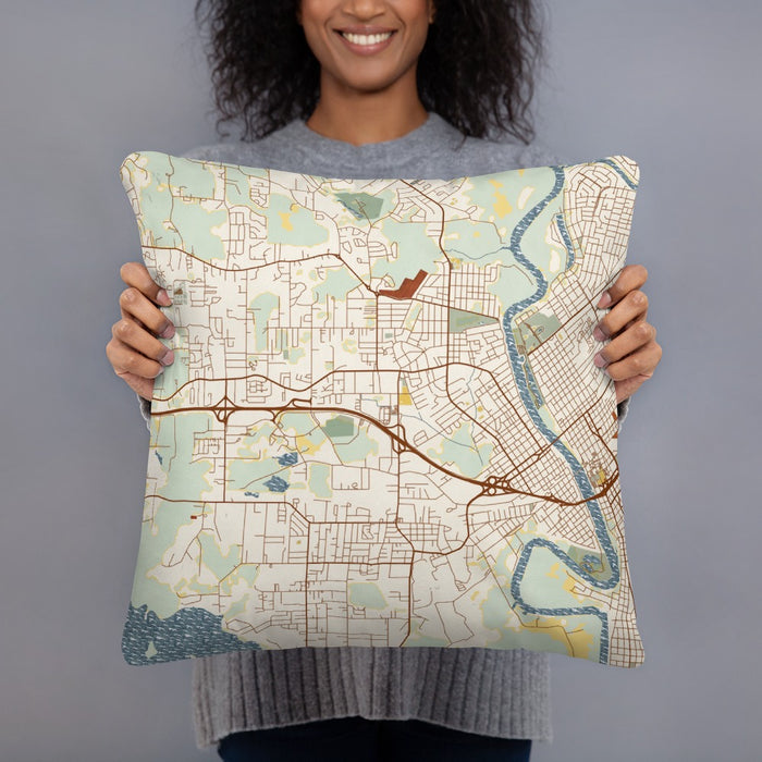 Person holding 18x18 Custom West Monroe Louisiana Map Throw Pillow in Woodblock