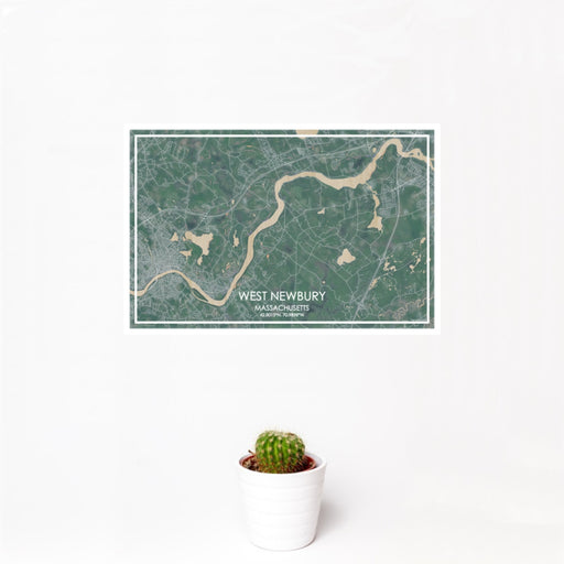 12x18 West Newbury Massachusetts Map Print Landscape Orientation in Afternoon Style With Small Cactus Plant in White Planter