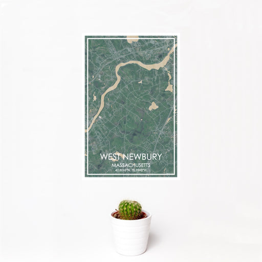 12x18 West Newbury Massachusetts Map Print Portrait Orientation in Afternoon Style With Small Cactus Plant in White Planter