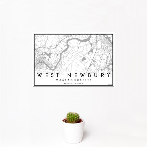 12x18 West Newbury Massachusetts Map Print Landscape Orientation in Classic Style With Small Cactus Plant in White Planter