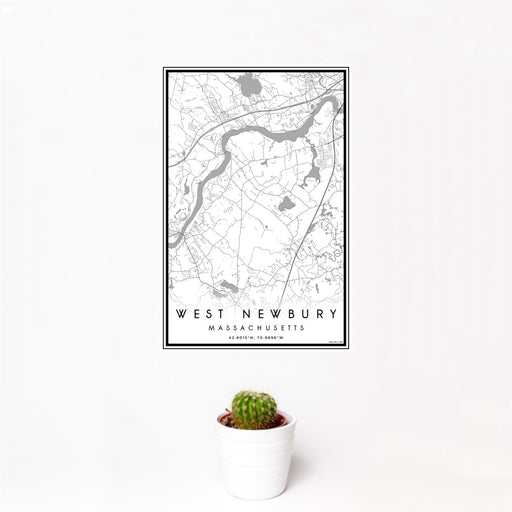 12x18 West Newbury Massachusetts Map Print Portrait Orientation in Classic Style With Small Cactus Plant in White Planter