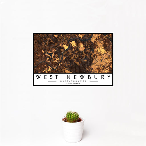 12x18 West Newbury Massachusetts Map Print Landscape Orientation in Ember Style With Small Cactus Plant in White Planter