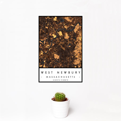 12x18 West Newbury Massachusetts Map Print Portrait Orientation in Ember Style With Small Cactus Plant in White Planter