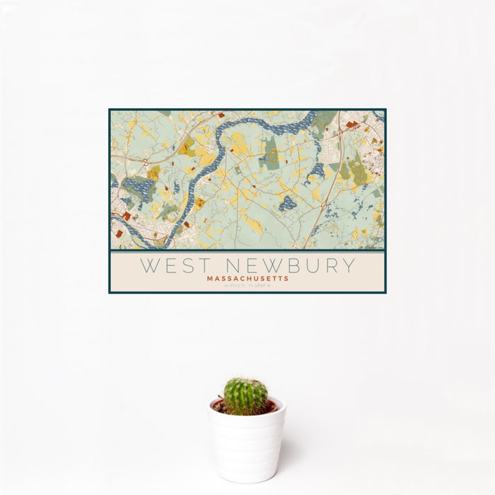 12x18 West Newbury Massachusetts Map Print Landscape Orientation in Woodblock Style With Small Cactus Plant in White Planter