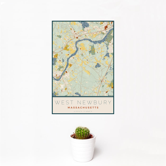12x18 West Newbury Massachusetts Map Print Portrait Orientation in Woodblock Style With Small Cactus Plant in White Planter