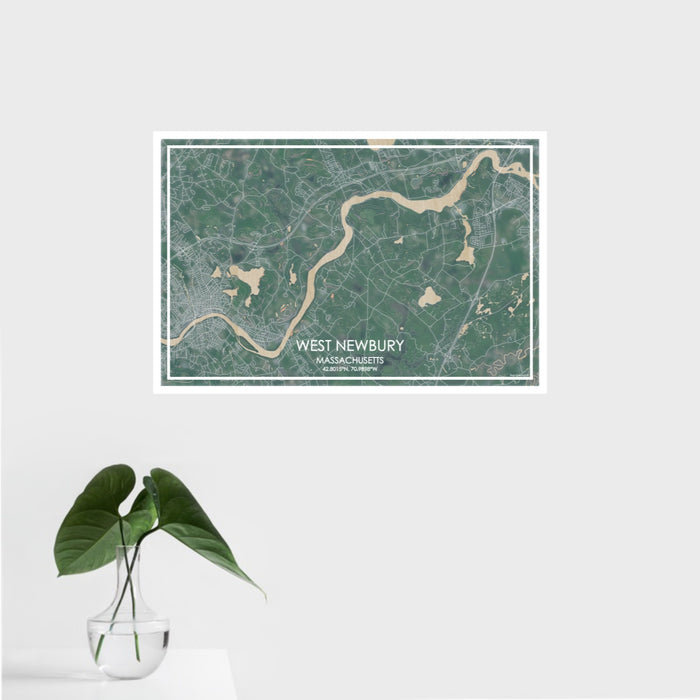 16x24 West Newbury Massachusetts Map Print Landscape Orientation in Afternoon Style With Tropical Plant Leaves in Water