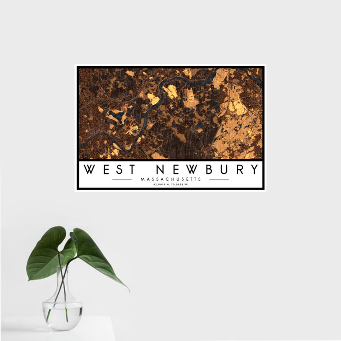 16x24 West Newbury Massachusetts Map Print Landscape Orientation in Ember Style With Tropical Plant Leaves in Water
