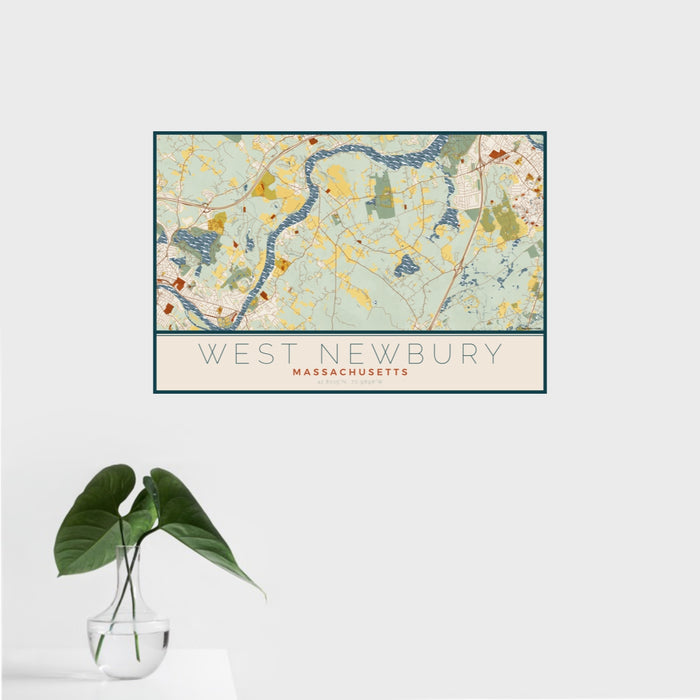 16x24 West Newbury Massachusetts Map Print Landscape Orientation in Woodblock Style With Tropical Plant Leaves in Water
