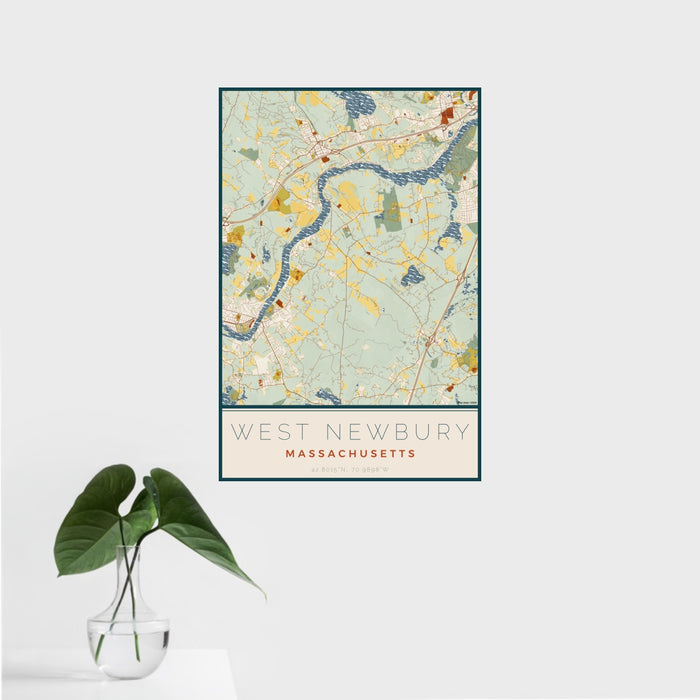 16x24 West Newbury Massachusetts Map Print Portrait Orientation in Woodblock Style With Tropical Plant Leaves in Water