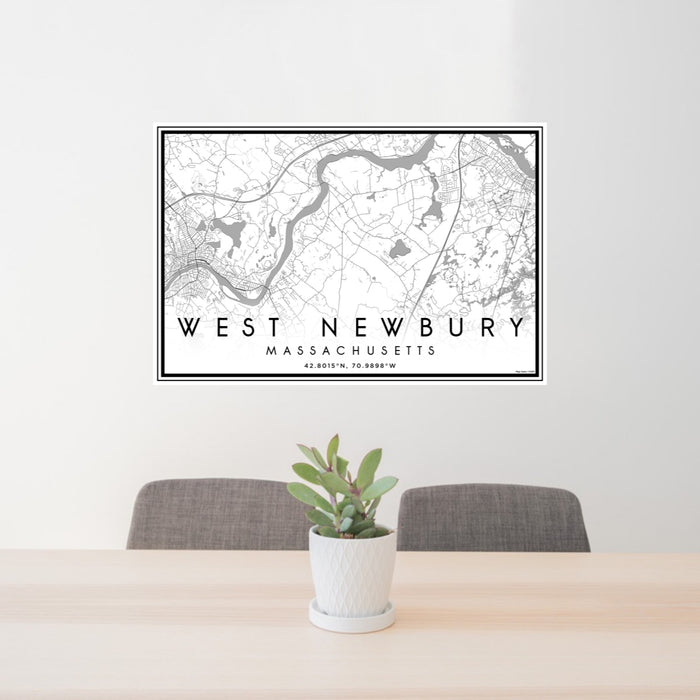 24x36 West Newbury Massachusetts Map Print Lanscape Orientation in Classic Style Behind 2 Chairs Table and Potted Plant