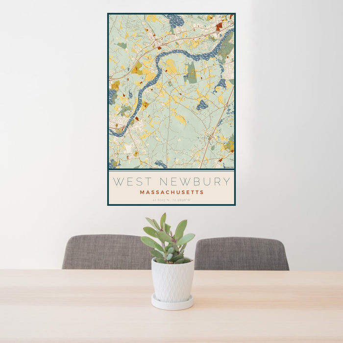24x36 West Newbury Massachusetts Map Print Portrait Orientation in Woodblock Style Behind 2 Chairs Table and Potted Plant