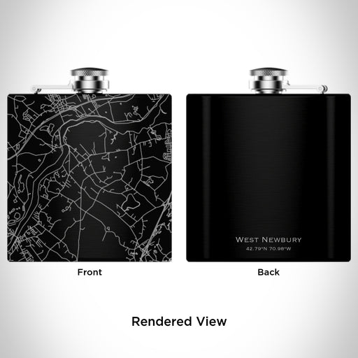 Rendered View of West Newbury Massachusetts Map Engraving on 6oz Stainless Steel Flask in Black