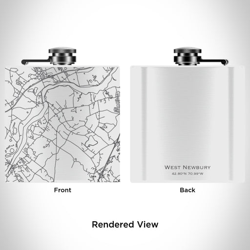 Rendered View of West Newbury Massachusetts Map Engraving on 6oz Stainless Steel Flask in White