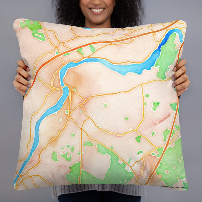 Person holding 22x22 Custom West Newbury Massachusetts Map Throw Pillow in Watercolor