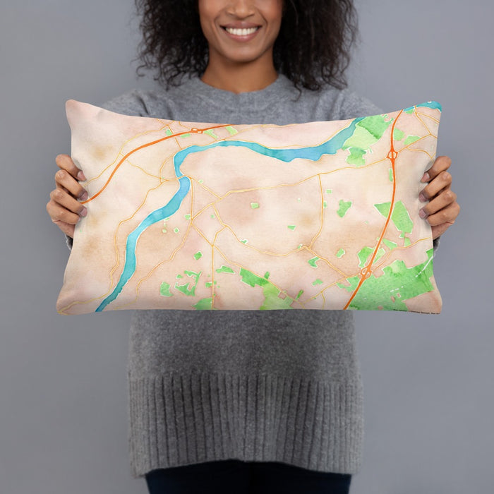 Person holding 20x12 Custom West Newbury Massachusetts Map Throw Pillow in Watercolor