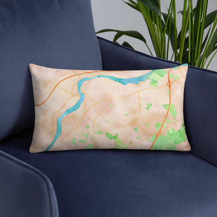 Custom West Newbury Massachusetts Map Throw Pillow in Watercolor on Blue Colored Chair
