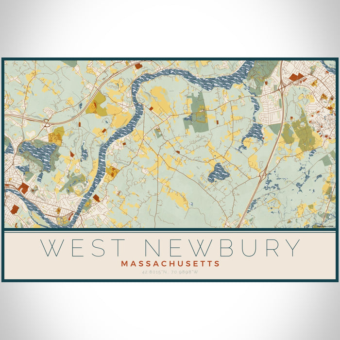 West Newbury Massachusetts Map Print Landscape Orientation in Woodblock Style With Shaded Background