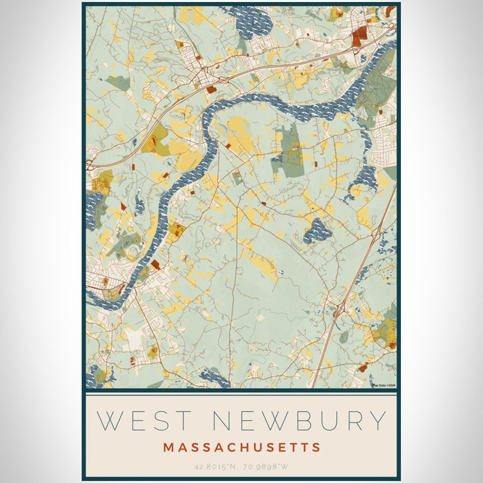 West Newbury Massachusetts Map Print Portrait Orientation in Woodblock Style With Shaded Background
