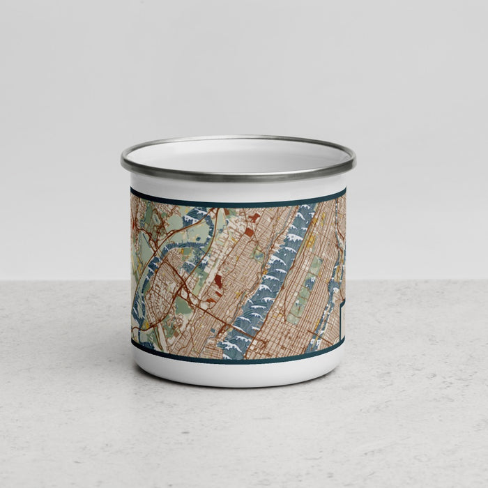 Front View Custom West New York New Jersey Map Enamel Mug in Woodblock