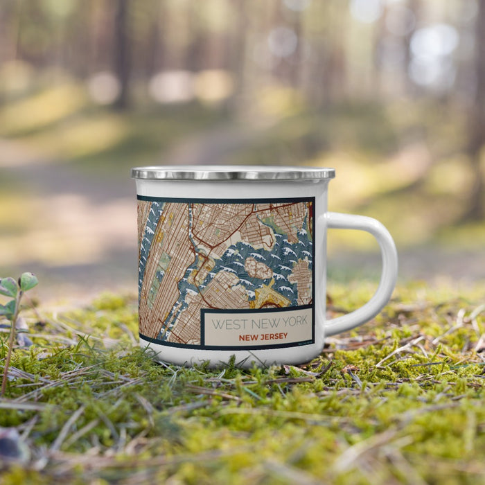 Right View Custom West New York New Jersey Map Enamel Mug in Woodblock on Grass With Trees in Background