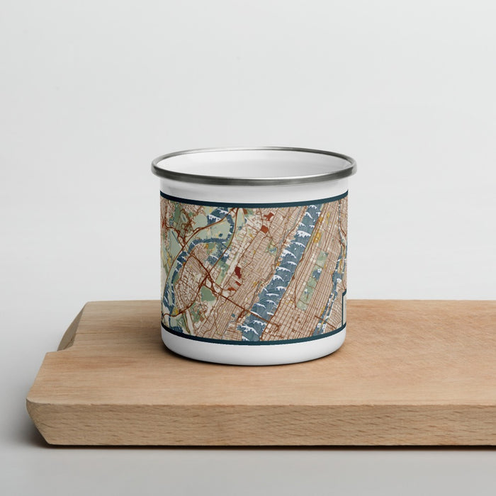 Front View Custom West New York New Jersey Map Enamel Mug in Woodblock on Cutting Board