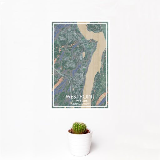 12x18 West Point New York Map Print Portrait Orientation in Afternoon Style With Small Cactus Plant in White Planter