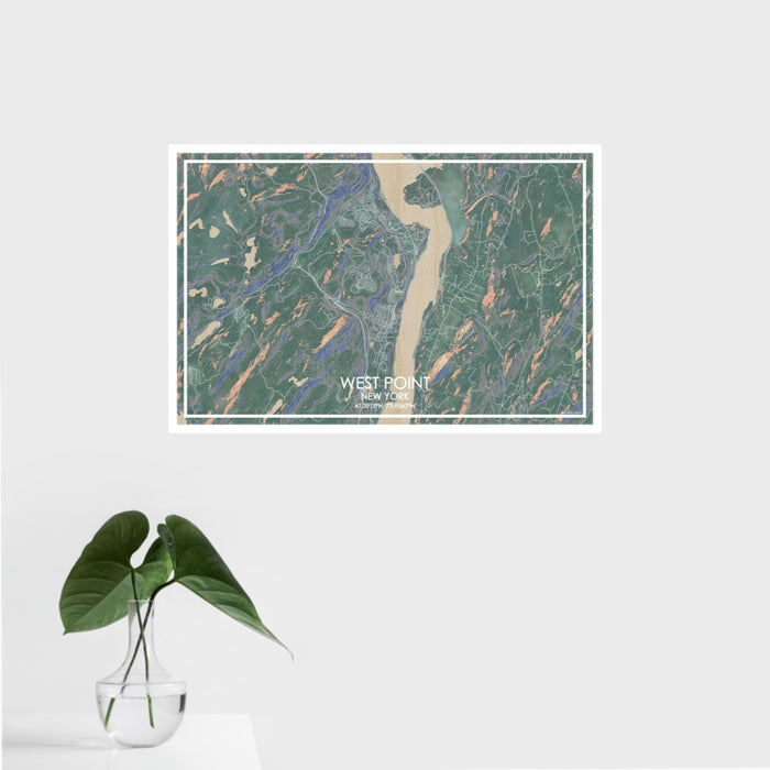 16x24 West Point New York Map Print Landscape Orientation in Afternoon Style With Tropical Plant Leaves in Water