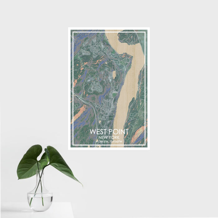 16x24 West Point New York Map Print Portrait Orientation in Afternoon Style With Tropical Plant Leaves in Water