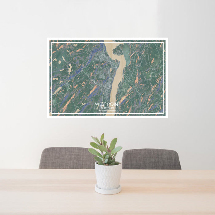 24x36 West Point New York Map Print Lanscape Orientation in Afternoon Style Behind 2 Chairs Table and Potted Plant