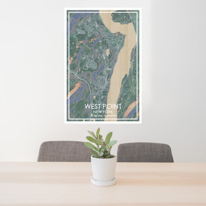 24x36 West Point New York Map Print Portrait Orientation in Afternoon Style Behind 2 Chairs Table and Potted Plant