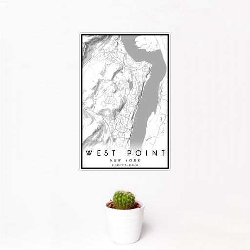 12x18 West Point New York Map Print Portrait Orientation in Classic Style With Small Cactus Plant in White Planter