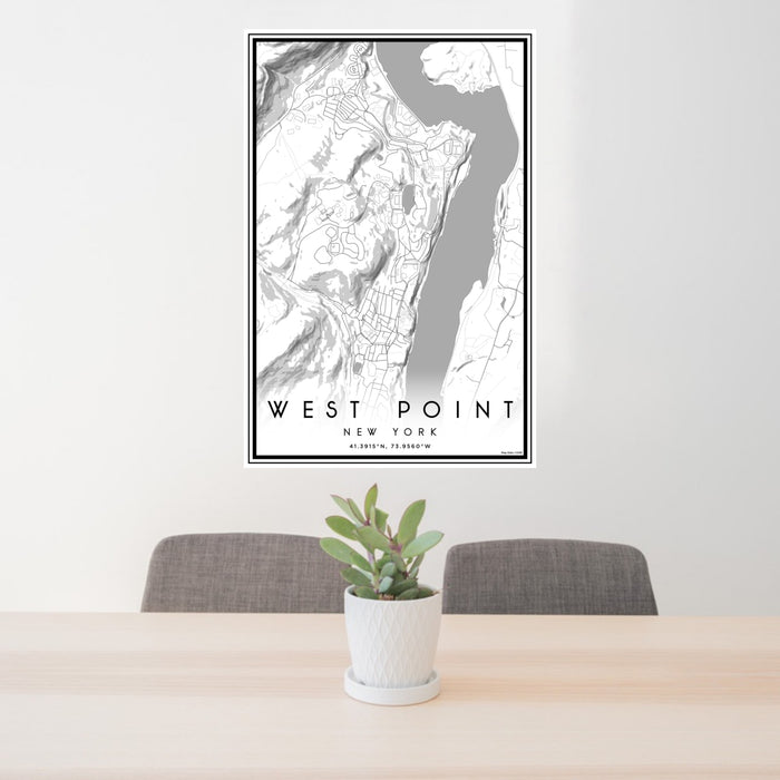 24x36 West Point New York Map Print Portrait Orientation in Classic Style Behind 2 Chairs Table and Potted Plant