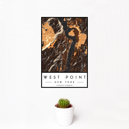 12x18 West Point New York Map Print Portrait Orientation in Ember Style With Small Cactus Plant in White Planter