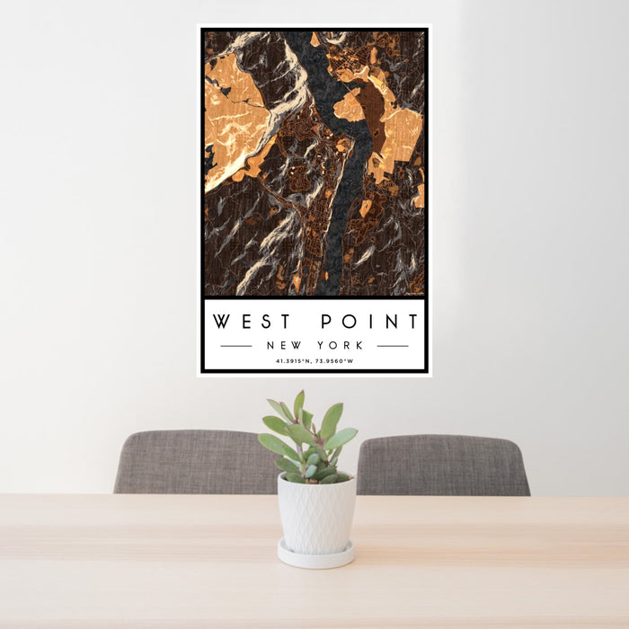 24x36 West Point New York Map Print Portrait Orientation in Ember Style Behind 2 Chairs Table and Potted Plant