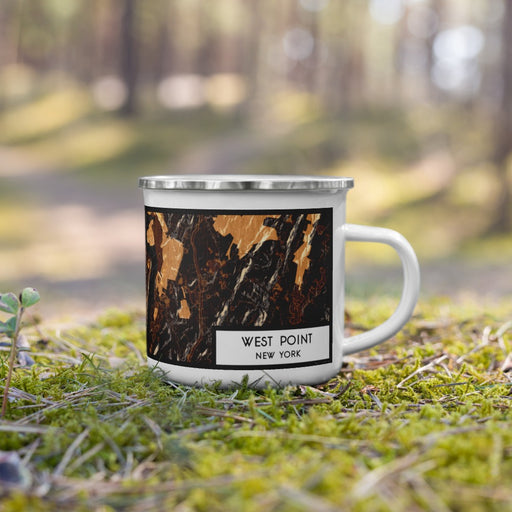 Right View Custom West Point New York Map Enamel Mug in Ember on Grass With Trees in Background