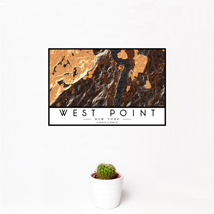 12x18 West Point New York Map Print Landscape Orientation in Ember Style With Small Cactus Plant in White Planter