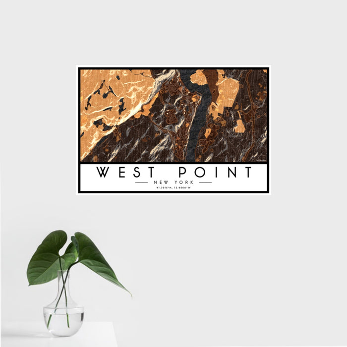 16x24 West Point New York Map Print Landscape Orientation in Ember Style With Tropical Plant Leaves in Water