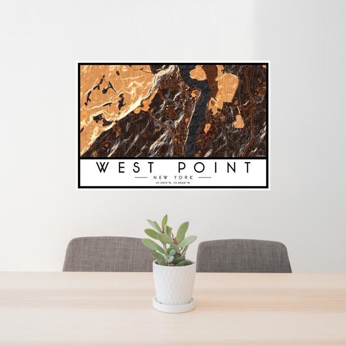 24x36 West Point New York Map Print Landscape Orientation in Ember Style Behind 2 Chairs Table and Potted Plant